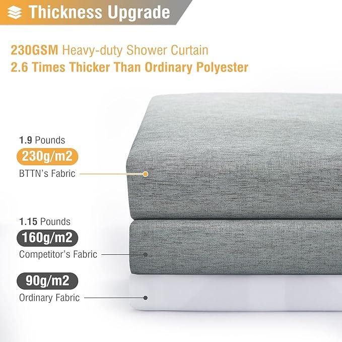 BTTN Grey Fabric Shower Curtain, 230GSM Linen Textured Heavy Duty Cloth Shower Curtain Set with Hooks, Waterproof Neutral Weighted Hotel Luxury Decorative Shower Curtains for Bathroom(Gray, W72xH72) - ModernBath