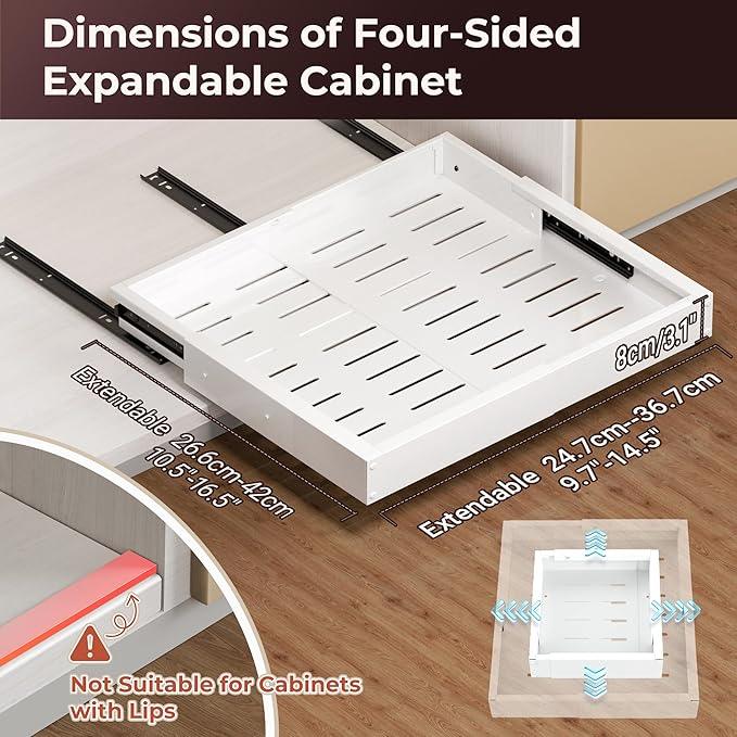 2 Pack Pull Out Drawers for Cabinets, Slide Out Drawer Expandable Width (10"-15") and Depth (11"-17") With 3 Slides, Fixed with Adhesive Film & Nail for Cabinets in Kitchen, Pantry or Bathroom - White - ModernBath