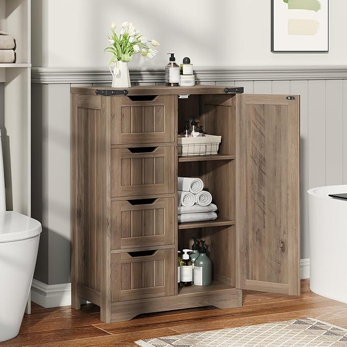 Vabches Farmhouse Bathroom Cabinet, Freestanding Storage Cabinet with 4 Drawers and 1 Door, Rustic Storage Organizer with Adjustable Shelf for Bathroom, Living Room, Entryway, Grey - ModernBath