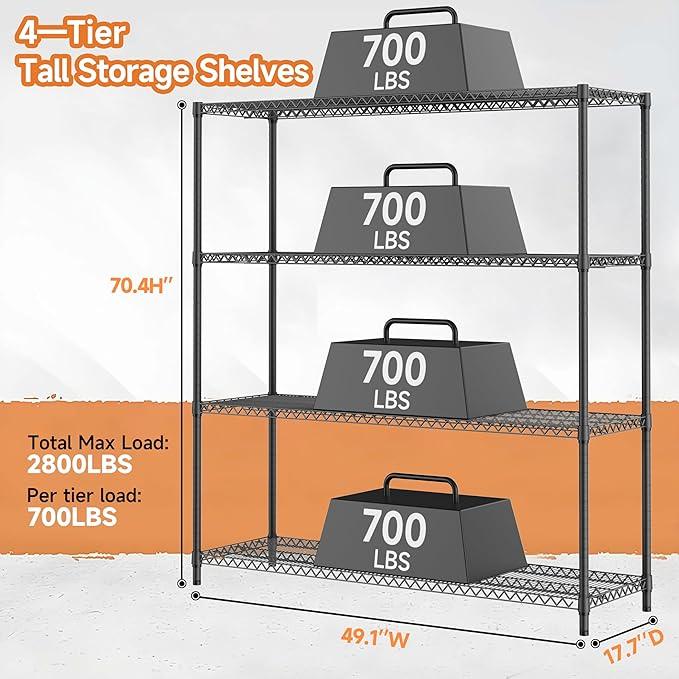4 Tiers Storage Shelves Load 2640LBS, Metal Shelving Wire Metal Shelving Unit Shelves for Storage Adjustable Garage Shelving for Pantry Kitchen Garage Black 17.7" D x 59.1" W x 70.4" H - ModernBath