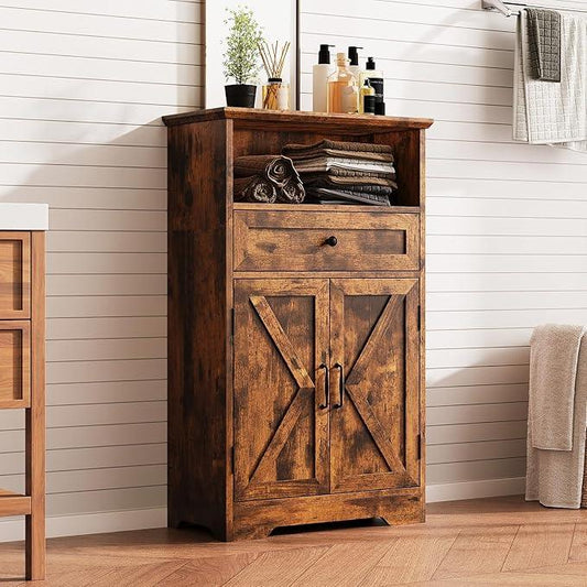Floor Cabinet, Farmhouse Storage Cabinet with Barn Doors and Drawer, 11.81" D x 23.62" W x 39.37" H Rustic Brown Freestanding Adjustable Shelf Organizer for Bathroom, Kitchen, Living Room - ModernBath