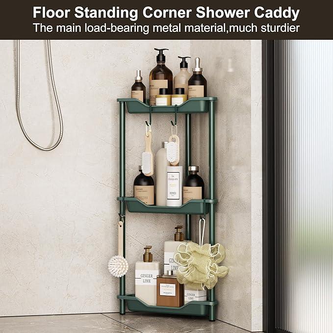 Orimade Rustproof 3 Tier Floor Standing Corner Shower Caddy Organizer, Plastic Metal Splicing Floor Corner Shelf Rack Stands for Bathroom, Dark Green - ModernBath