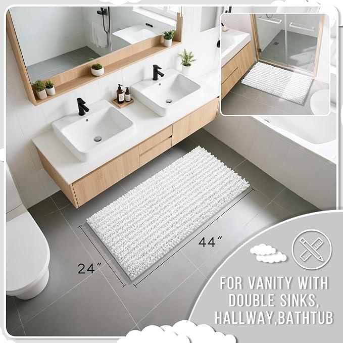 Yimobra Long Bathroom Rugs Non Slip Washable 44x24 Inch - Ultra Soft Absorbent Chenille Bath Mat, Quick Dry Shaggy Floor Carpet for Tub Shower, White Home Decor Accessories - ModernBath