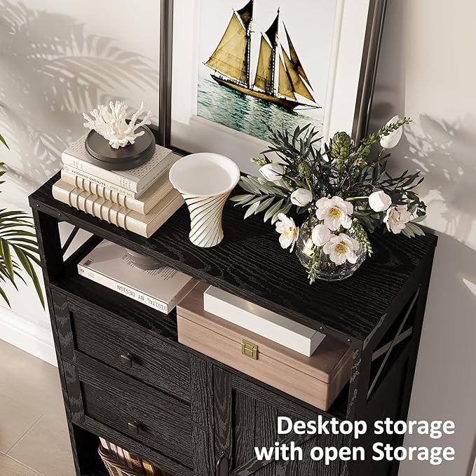 Fameill Farmhouse Storage Cabinet with 2 Drawers & Shelves,Freestanding Kitchen Cabinet with Doors,Floor Storage Organization for Living Room,Bathroom,Laundry,Black - ModernBath