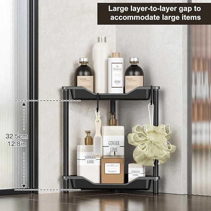 Orimade Rustproof 2 Tier Floor Standing Corner Shower Caddy Organizer, Plastic Metal Splicing Floor Corner Shelf Rack Stands for Bathroom, Black - ModernBath