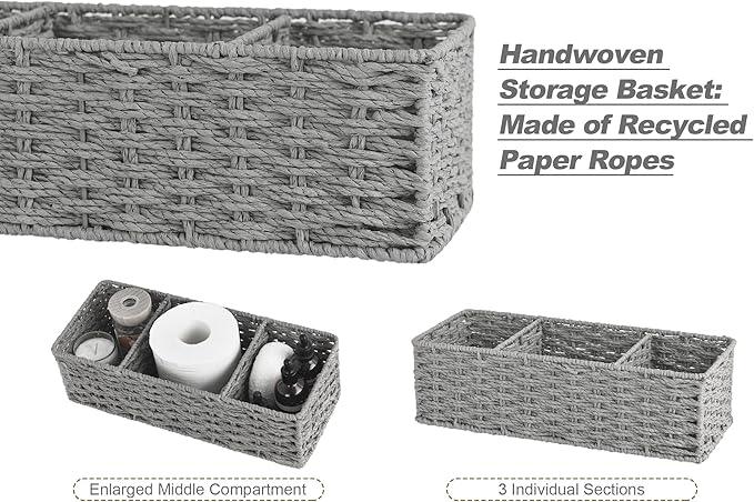 StorageWorks 3-Section Wicker Baskets for Shelves, Hand-Woven Round Paper Rope Storage Baskets, Gray, 2-Pack - ModernBath