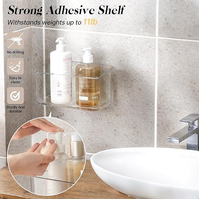 2 Pack Clear Shower Shelf, Adhesive Bathroom Shower Shelves, Wall Mounted Bathroom Shower Organizer, No Drill Shower Shelves with Self Adhesive Tape, Transparent - ModernBath