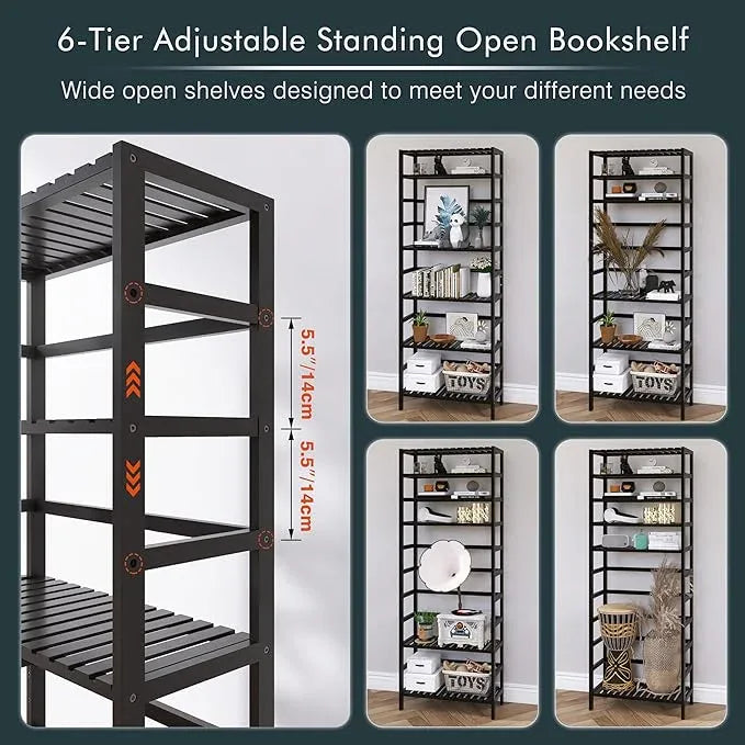HITNET Bamboo Bookshelf, 6-Tier Tall Open Bookcase with Adjustable Shelves, Floor Standing Storage Shelf Unit for Living Room Bathroom Home Office, Black - ModernBath