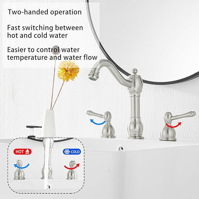 GGStudy 2 Handles 3 Holes Faucet Widespread Bathroom Sink Faucet Basin Tap Mixer Supply Hose Included Matching Pop Up Drain Brushed Nickel - ModernBath