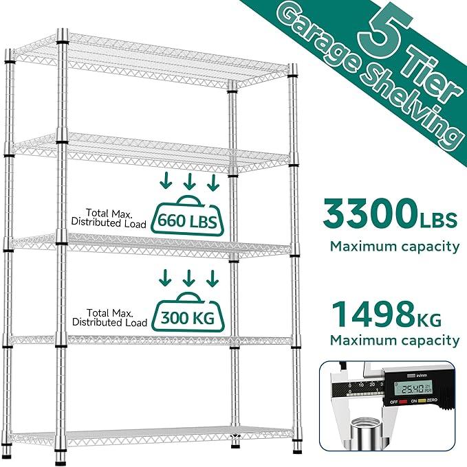 5 Tiers Shelf Metal Storage Shelves 3300 lbs Steel Storage Shelving Utility Shelving Unit Steel Organizer Wire Rack for Home,Kitchen,Office,Garage Chrome 17.7" D x 47.2" W x 70.3" H - ModernBath