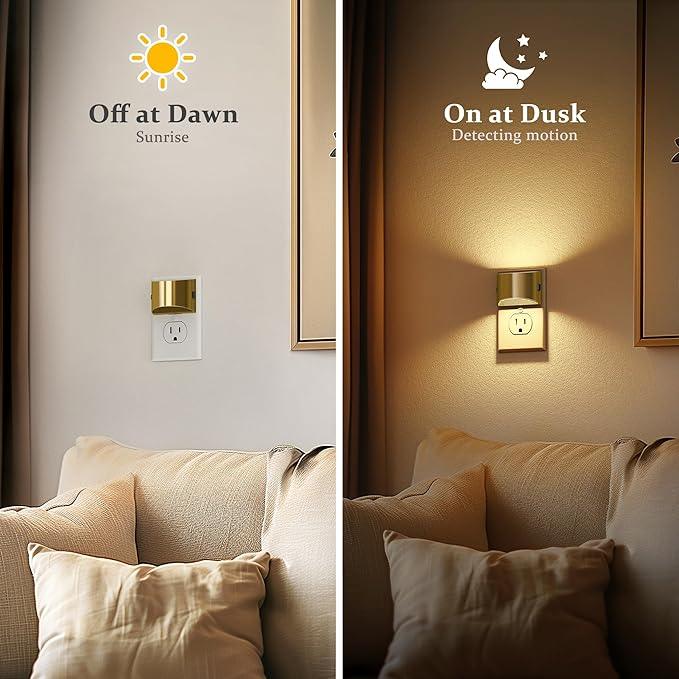 JandCase LED Night Lights Plug into Wall, 2 Pack Gold Modern Night Lights, Dusk to Dawn Sensor Nightlight,0-100LM Brightness Adjustable, 3000K Soft White - ModernBath