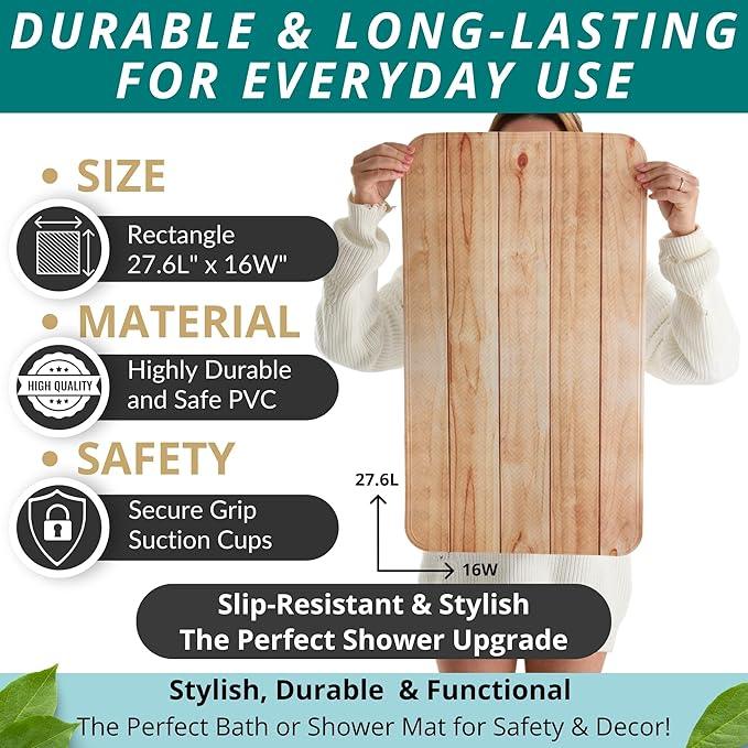 ENKOSI Bath Mat for Tub and Shower Floors - Non Slip Shower Mat – Anti Slip Bathtub Mat with Strong Suction Cup Grip – Soft, Wood Design Bathroom Mat for Inside Bath and Showers (28x16 Wood Teak) - ModernBath
