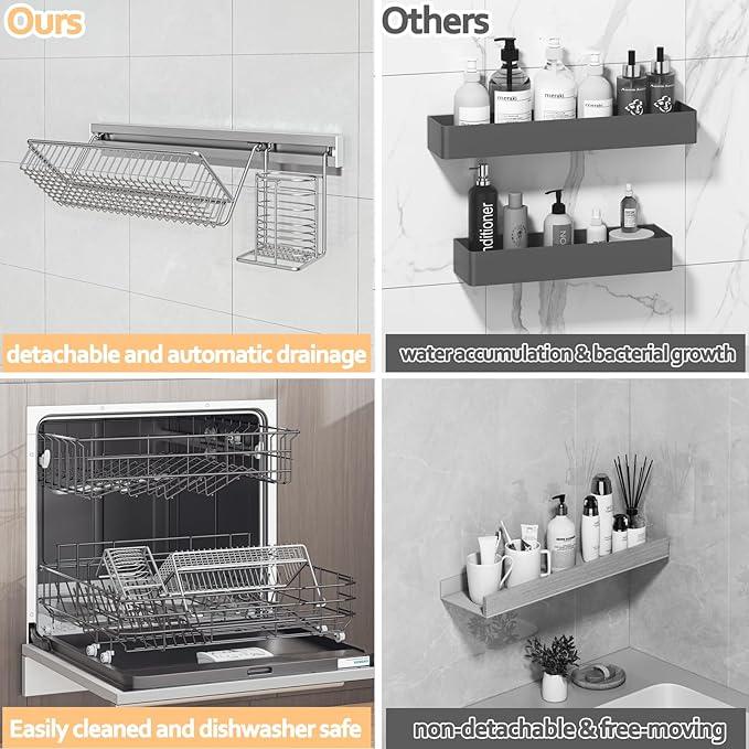 MINGLING Stainless Steel Shower Caddy, 41 cm Wall Back Crossbar Rustproof Shelves with 2 Long Tail Hook Clip, Large Capacity Bathroom Organizers and Storage - ModernBath