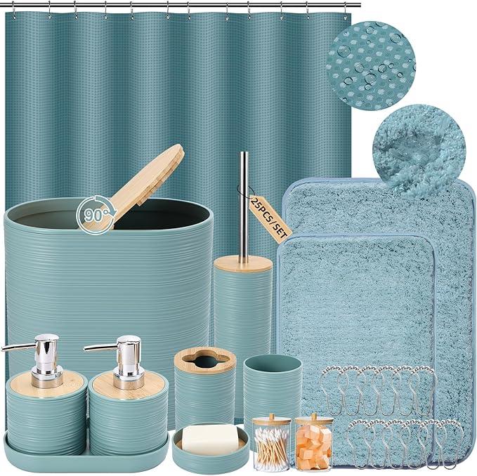 XLHOMO Bathroom Set - Light Blue Bathroom Accessories Set, Bathroom Sets with Shower Curtain and Rugs, 25PC Shower Curtain Set with Hooks, Soap Dispenser, Soap Dish, Toilet Brush Holder and Trash Can - ModernBath