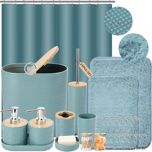 XLHOMO Bathroom Set - Light Blue Bathroom Accessories Set, Bathroom Sets with Shower Curtain and Rugs, 25PC Shower Curtain Set with Hooks, Soap Dispenser, Soap Dish, Toilet Brush Holder and Trash Can - ModernBath