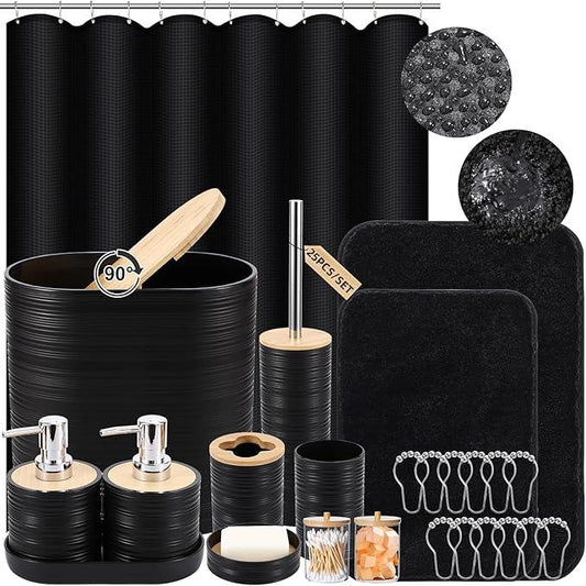 XLHOMO Bathroom Set - Black Bathroom Accessories Set, Bathroom Sets with Shower Curtain and Rugs, 25PC Shower Curtain Set with Hooks, Soap Dispenser, Soap Dish, Toilet Brush Holder and Trash Can - ModernBath