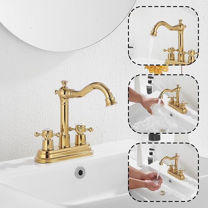 GGStudy Bathroom Faucet Polished Gold 2 Handles 4 Inches Centerset Bathroom Vanity with Drain Assembly and Supply Hose Lavatory Faucet - ModernBath