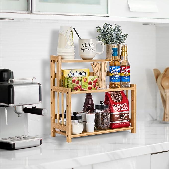 Sorbus Kitchen Countertop Organizer Bamboo Wooden Counter Storage Shelf Rack for Spice, Soap, Skin Care, Makeup Display Stand, Bathroom Shelves, Vanity, Office (3-Tier) - ModernBath
