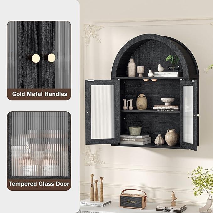 Arched Bathroom Cabinet, Wall Mounted Bathroom Cabinet with Tempered Glass Doors and Adjustable Shelf, for Kitchen, Living Room, Laundry Room, Restroom, Black - ModernBath