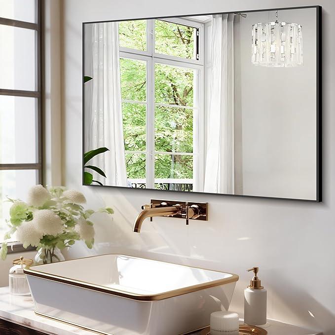 Bonverre 30x48 Inch Black Bathroom Mirror for Wall, Aluminum Frame Rectangle Rectangular Vanity Mirror, Modern Large for Bedroom, Living Room, Horizontal or Vertical - ModernBath