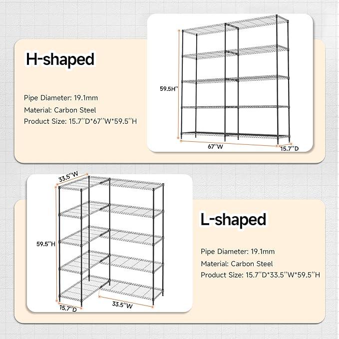 5 Tiers Storage Shelves Load 1500LBS, Metal Shelving Wire Metal Shelving Unit Shelves for Storage Adjustable Garage Shelving for Pantry Kitchen Garage Black 15.8" D x 33.5" W x 70.5" H - ModernBath