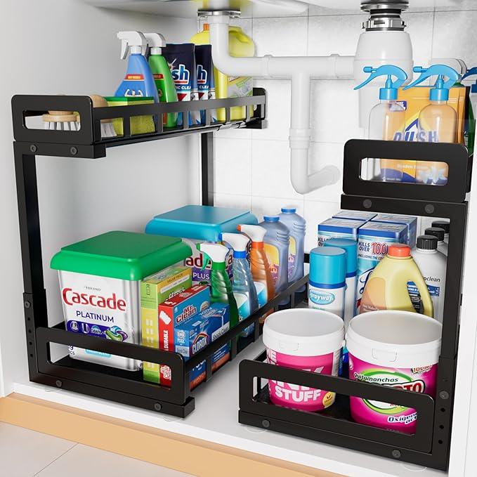 Under Sink Organizer 2 Pack, Metal Large Capacity 2-Tier Sliding Cabinet Storage Rack, Heavy-Duty Rust-Resistant Steel Frame, Holds 50 lbs Each, Adjustable Height 12–16", 14"D x 11"W for Home, Black - ModernBath