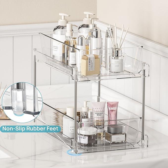 Vtopmart 8 Pack Bathroom Organizer, 2 Tier Clear Under Sink Organizers Vanity Countertop Storage Container,Cabinet Drawers Bins, Pull-Out Organization with Track for Pantry, Kitchen - ModernBath