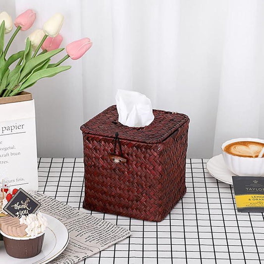 Sumnacon Tissue Box Cover Square Seagrass Tissue Box with Lid, Woven Tissue Box Holder Rustic Cube Tissue Cover for Bathroom Toilet Bedroom Living Room Kitchen Table Desk Office Car, Red Brown - ModernBath