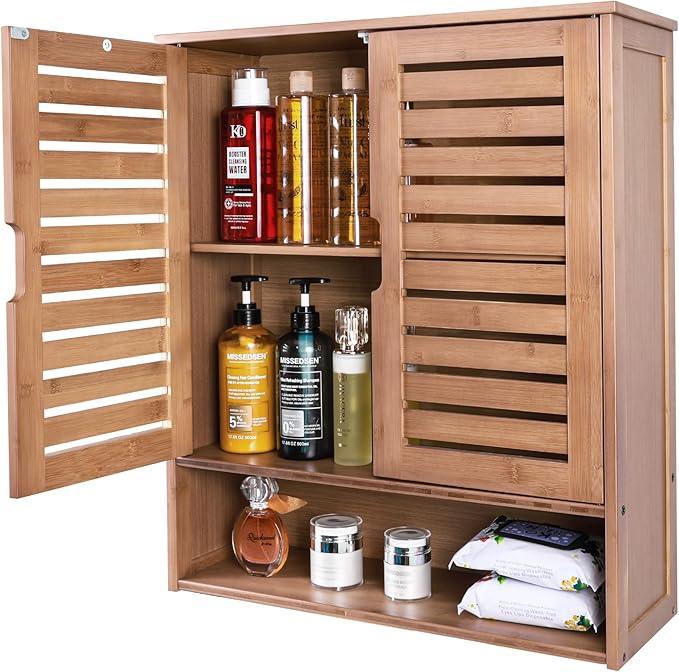 HYNAWIN Bamboo Wall Cabinet, Over Toilet Bathroom Furniture, Wall Mounted Storage Medicine Cabinet with Two Doors & Adjustable Shelves, for Bathroom, Kitchen, Living Room, Walnut, Dark Brown - ModernBath