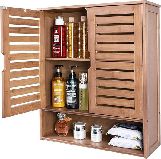 HYNAWIN Bamboo Wall Cabinet, Over Toilet Bathroom Furniture, Wall Mounted Storage Medicine Cabinet with Two Doors & Adjustable Shelves, for Bathroom, Kitchen, Living Room, Walnut, Dark Brown - ModernBath