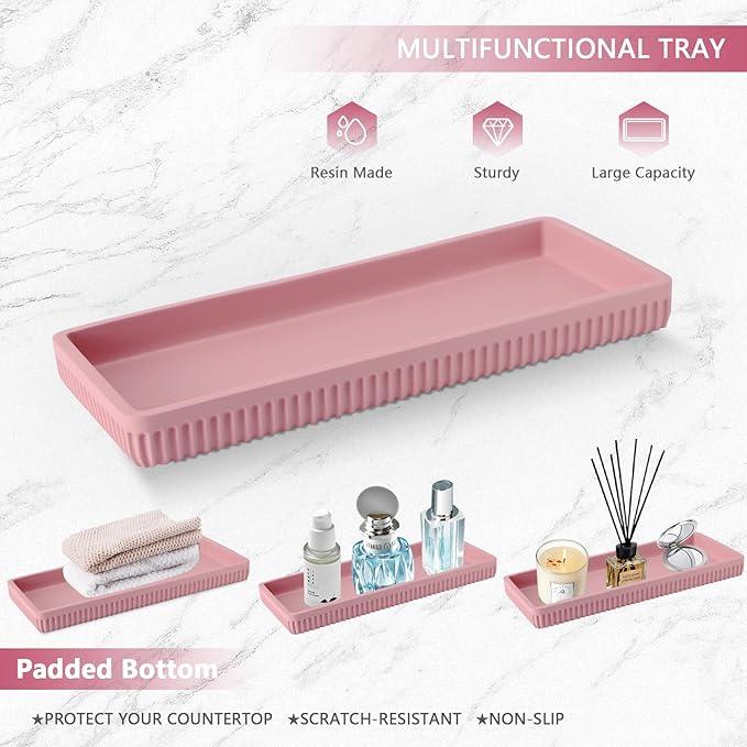 XLHOMO Resin Pink Bathroom Accessories Set 5 Pcs, Lotion Soap Dispenser, Toothbrush Holder, Bathroom Tumbler, Qtip Holder and Vanity Tray, Bathroom Countertop Organizer Set for Modern Home Apartment - ModernBath