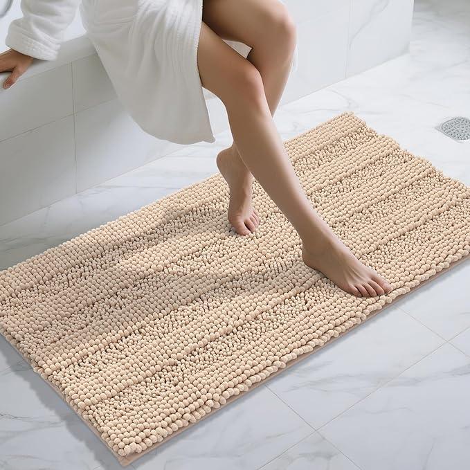 Yimobra Bathroom Rug Mat 47 x 24, Non Slip and Super Absorbent Bath Mat,Machine Washable Quick Dry,Ultra Plush Chenille Shower Rugs for Bathroom Floor Sink Tub and Shower Outside, Beige - ModernBath