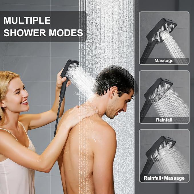 Matte Black 13-Inch Rainfall Shower System - Premium Shower Head & Handheld Sprayer, Complete Bathroom Set with Faucet Mixer Trim Kit & Valve - ModernBath