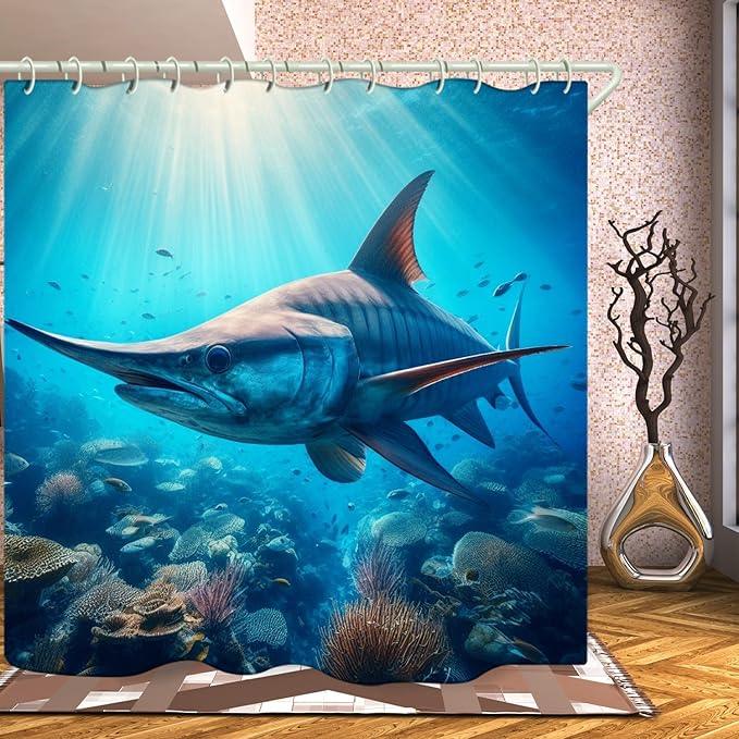 LYFANS Bathroom Using Undersea Swordfish 3D Shower Curtains, Luxury Bathtub Standard Shower Curtain, Waterproof and Bright Fabric Shower Curtain, Size (72x72 Inches) - ModernBath