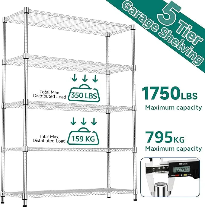 5 Tiers Shelf 1750 lbs Steel Storage Shelving Utility Shelving Unit Steel Organizer Wire Rack for Home,Kitchen,Office,Garage Chrome 17.7" D x 47.2" W x 72.4" H - ModernBath