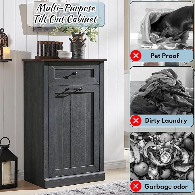Tilt Out Laundry Hamper Cabinet, 10 Gallon Farmhouse Trash Can Cabinet with Drawer, Hidden Wood Garbage Can Bin Cabinet with Laundry Storage Basket for Bathroom, Kitchen, Dark Grey - ModernBath