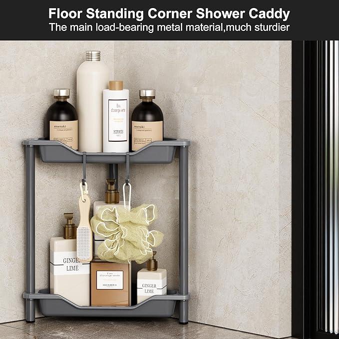 Orimade Rustproof 2 Tier Floor Standing Corner Shower Caddy Organizer, Plastic Metal Splicing Floor Corner Shelf Rack Stands for Bathroom, Grey - ModernBath