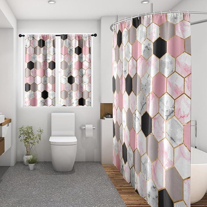 Culudea Geometric Gold Pink Shower Curtain Set, Gray Marble Vintage Bathroom Window Waterproof Shower Curtain Set for Bathroom Decor - ModernBath