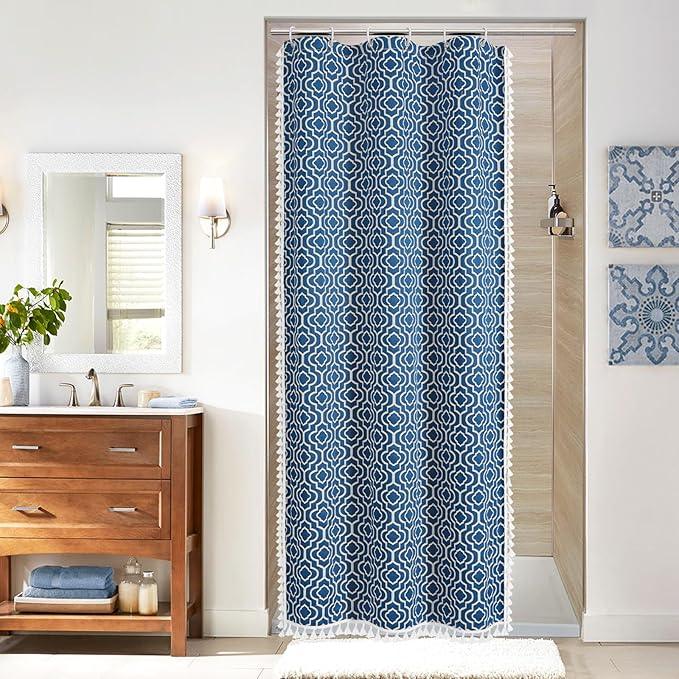 MitoVilla Blue Boho Farmhouse Small Stall Shower Curtain Set 36 x 72, Half Size Narrow Geometric Cotton Fabric Shower Curtains for Bohemia Rustic Bathroom Decor - ModernBath