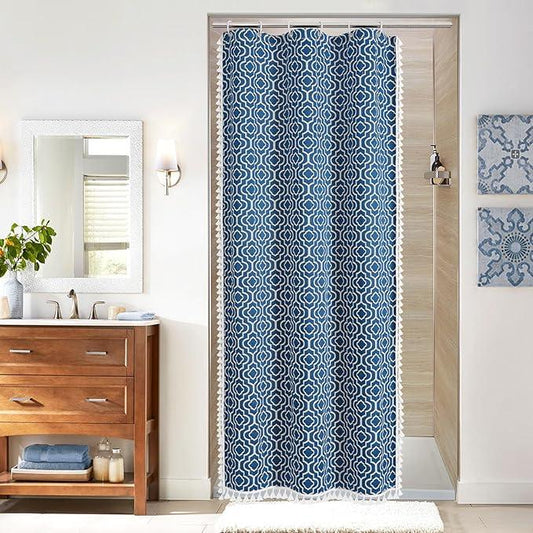 MitoVilla Blue Boho Farmhouse Small Stall Shower Curtain Set 36 x 72, Half Size Narrow Geometric Cotton Fabric Shower Curtains for Bohemia Rustic Bathroom Decor - ModernBath