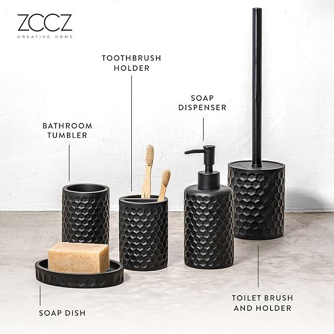 ZCCZ Bathroom Accessories Set 5 Pcs - Soap Dispenser, Toilet Brush, Toothbrush Holder, Tumbler, Soap Dish - Vintage Decor for Countertop Vanity Organizer, Black Bathroom Accessory Collection - ModernBath