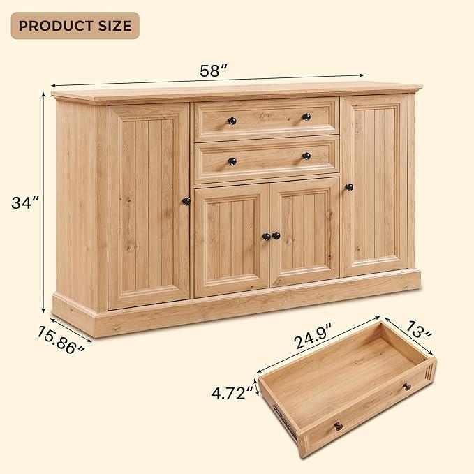 Farmhouse 58" Buffet Cabinet with Storage, 34" Tall Sideboard Cabinet w/2 Large Drawers & 4 Grooved Barn Doors, Wood Rustic Sideboard for Dinning Room, Kitchen, Living Room,Natural - ModernBath