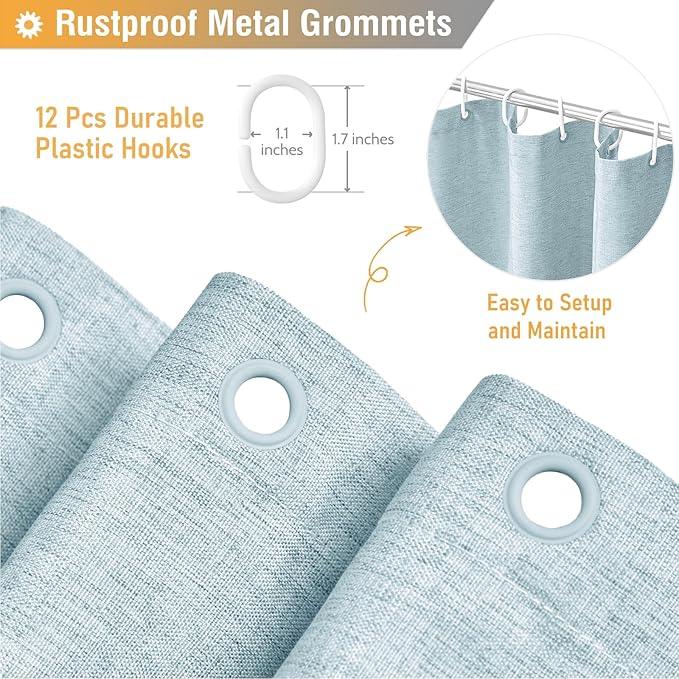 BTTN Fog Blue Shower Curtain - Linen-Look Heavy Duty Waterproof Cloth Shower Curtain Set with 12 Plastic Hooks, Hotel Spa Luxury Simple Decorative Thick Fabric Shower Curtains for Bathroom - 72x72 - ModernBath