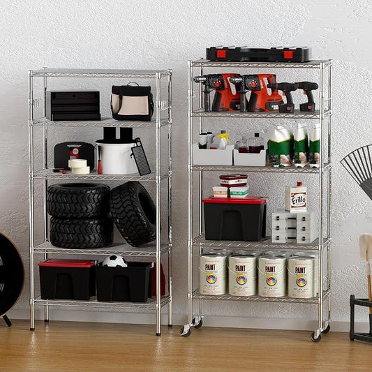 YNN Storage Shelves,1750Lbs 5 Tier Heavy Duty Metal Rolling Shelving Unit with Wheels & 8 Hooks, Adjustable Garage Wire Rack for Kitchen, Bathroom,Industrial,Pantry(36" W x 14" D x 72" H, Chrome) - ModernBath