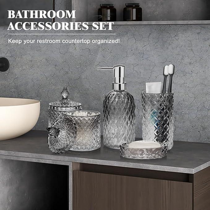 Bathroom Accessories Set, 5Pcs Gradient Glass Bath Accessory Sets Complete, Glass Bathroom Accessories with Soap Dispenser, Soap Dish, Toothbrush Holder, Qtip Holder - ModernBath