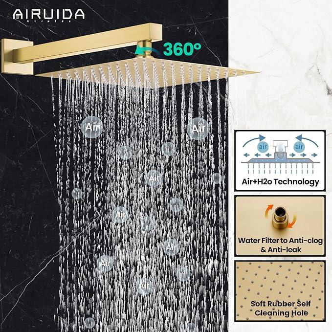 Airuida Shower Faucet Set Bathroom Rain Shower System SUS304 Stainless Steel Single Handle With Male Threads Rough-in Valve Shower Trim Kit 12 Inch Wall Mount Shower Head Brushed Gold - ModernBath
