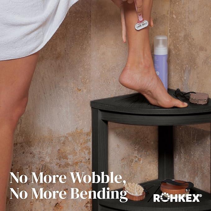 ROHKEX Plastic Corner Shower Stool - Black, Plastic - Shaving Seat & Shower Stool for Shaving Legs - Non-Slip Feet & Waterproof Bench - Space-Saving Storage & Corner Bench, Home Decor Gifts Idea - ModernBath