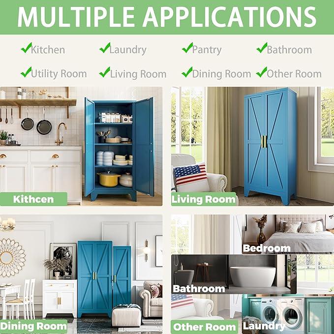 COFaR Home Farmhouse Storage Cabinet with 2 Barn Door, Tall Kitchen Pantry Cupboard with 3 Adjustable Shelves, for Dining Room, Bathroom, Living Room (Blue Green, 61" Farmhouse) - ModernBath