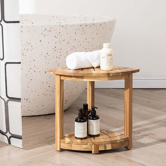 VICTORY RELAX Acacia Wood Corner Shower Stool - Waterproof Triangular Bathroom Bench with Storage Shelf & Soap Dish for Shaving, Light Natural Wood (17.9x12.7x16.5) - ModernBath