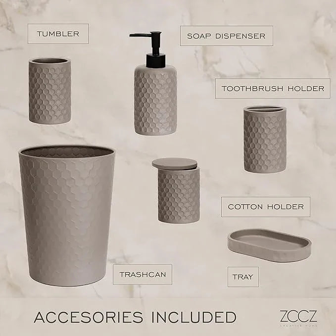 zccz 6 Piece Bathroom Accessories Set, Toothbrush Holder, Toothbrush Cup, Soap Dispenser,Bathroom Vanity Tray, Qtip Holder, Trash Can - Cement - ModernBath